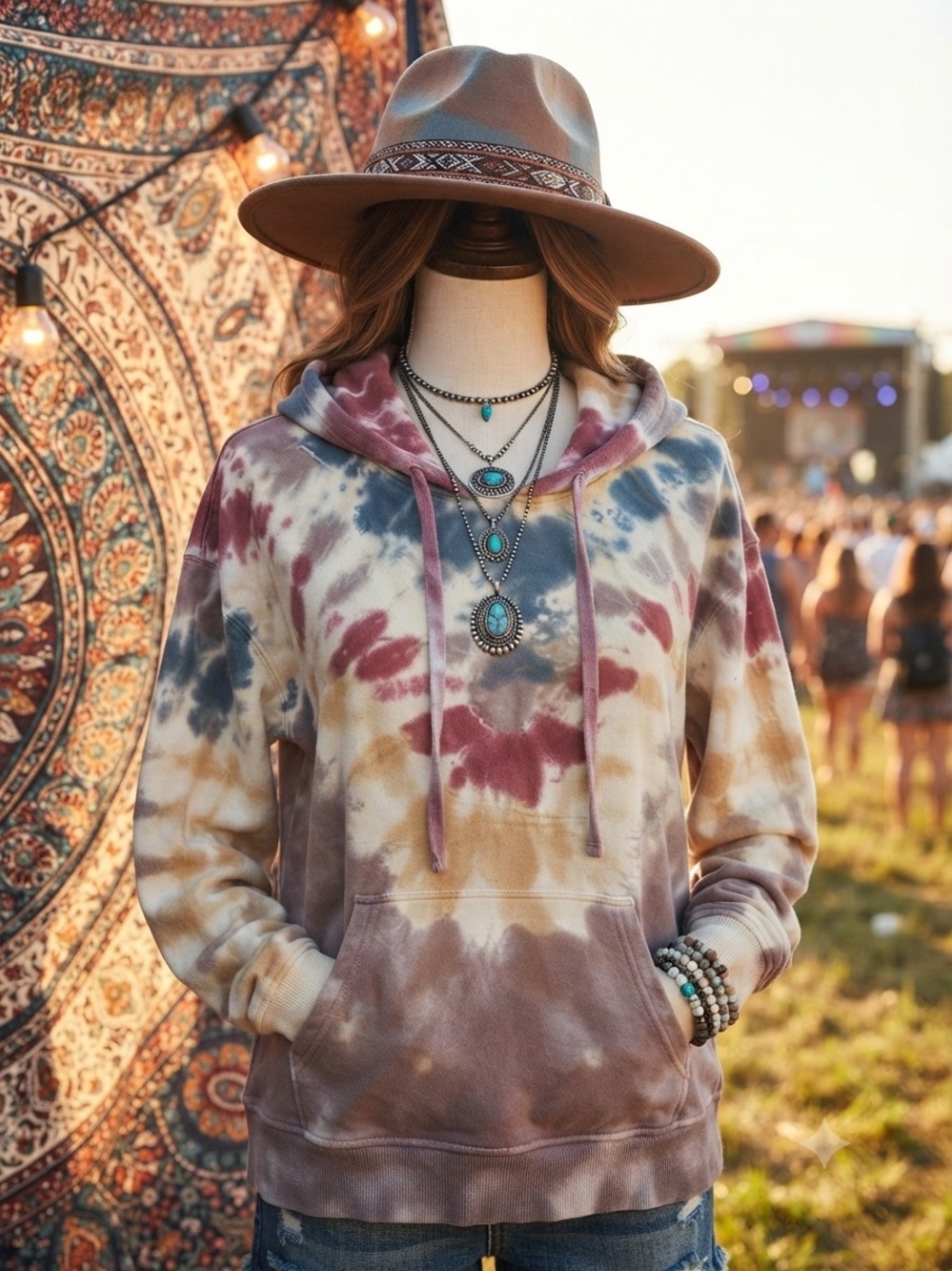 True Craft Tie-Dye Hoodie in Mauve, Blue & Cream sz M